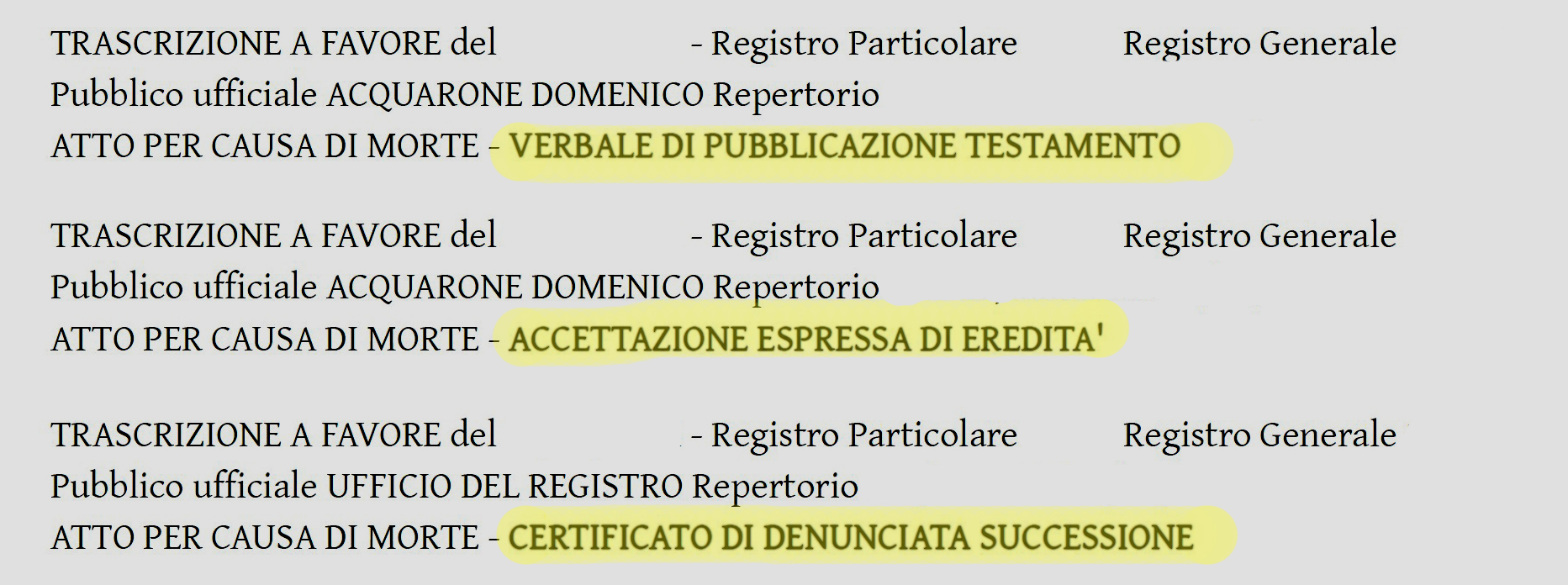 trascrizioni testamento accettazione eredità denuncia successione